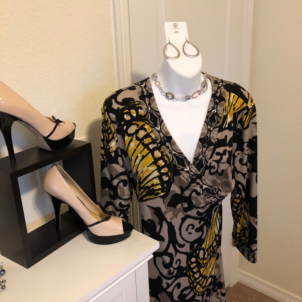 Alfani Faux wrap dress in black taupe and gold.